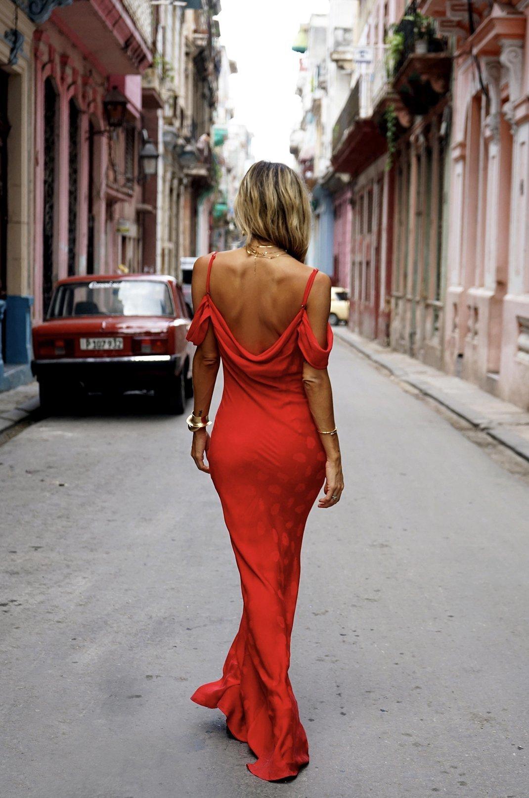 rat and boa red dress