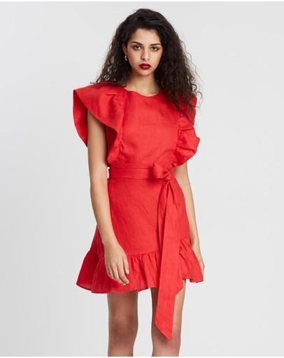 red linen wrap dress