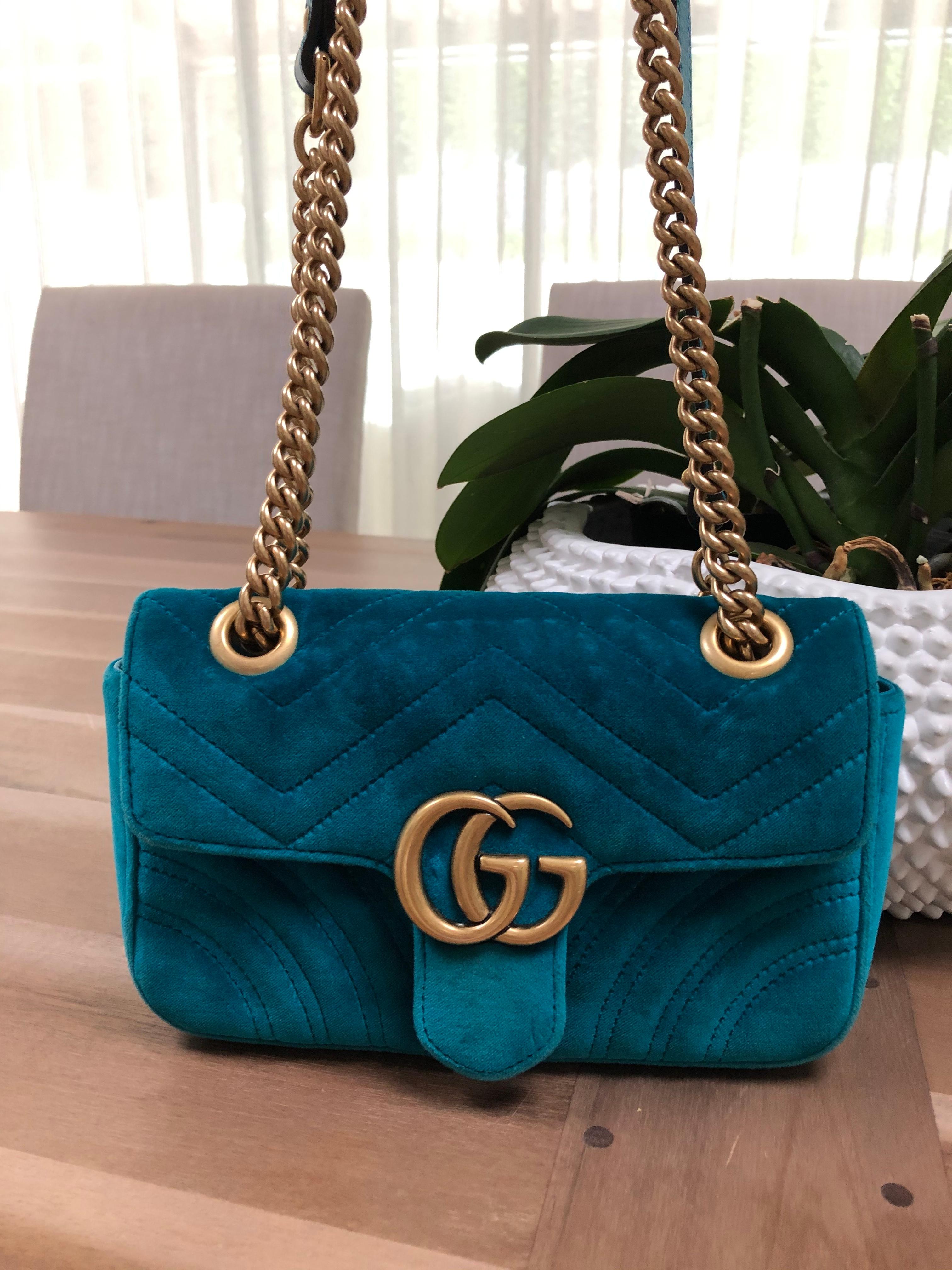 Green polka dot square neck midi dress Gucci Blue Velvet Small GG Marmont Bag | The Volte