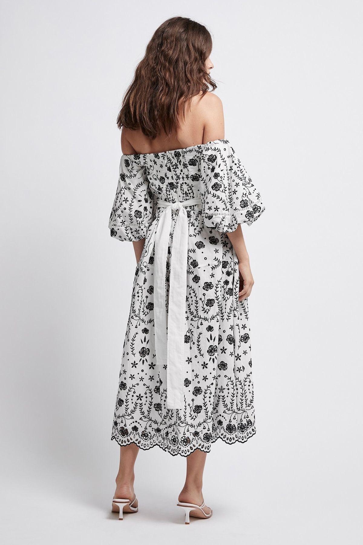 Aje Ameria Black and White Off Shoulder Broderie Midi Dress Size 14